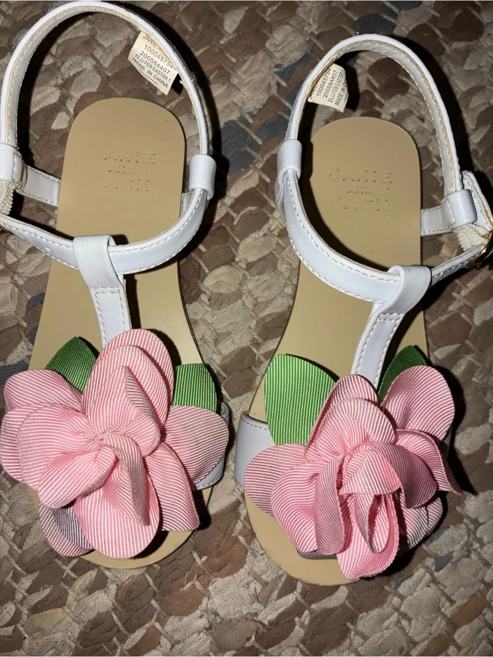 Janie and Jack White Sandals with Pink Flower and Green Leaves